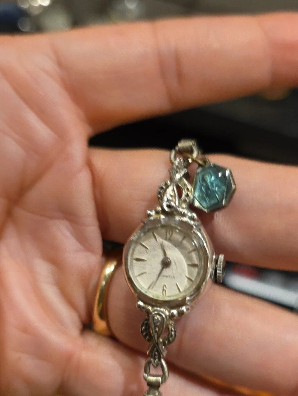 Vintage Silver-Tone Ladies Bracelet Watch with Teal Charm( Works)